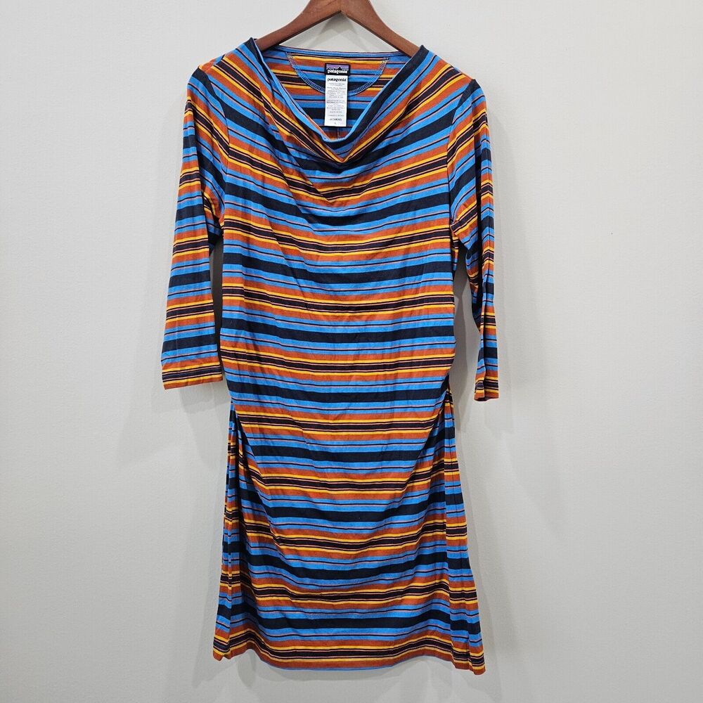 Patagonia Womens Kamala Cowl Neck Dress L Multicolor Ruched Striped Western Fall